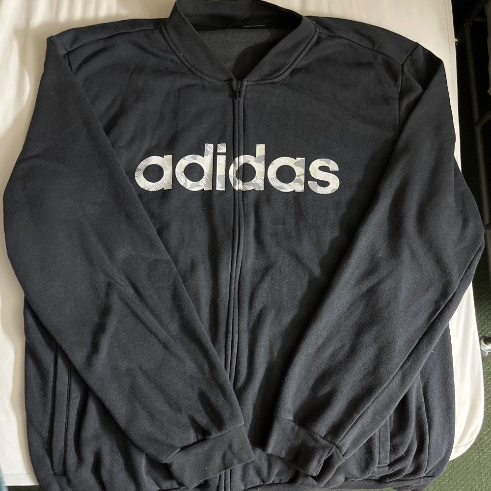 RARE Black fleece Adidas track jacket with camo color letters